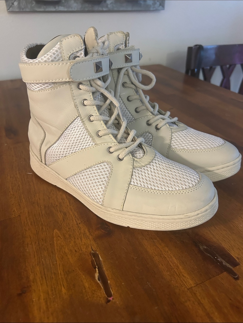 Sandro Nikki High-Top Mesh/ Leather Lace Up Studs Sneakers Off-White/Cream:9M/39